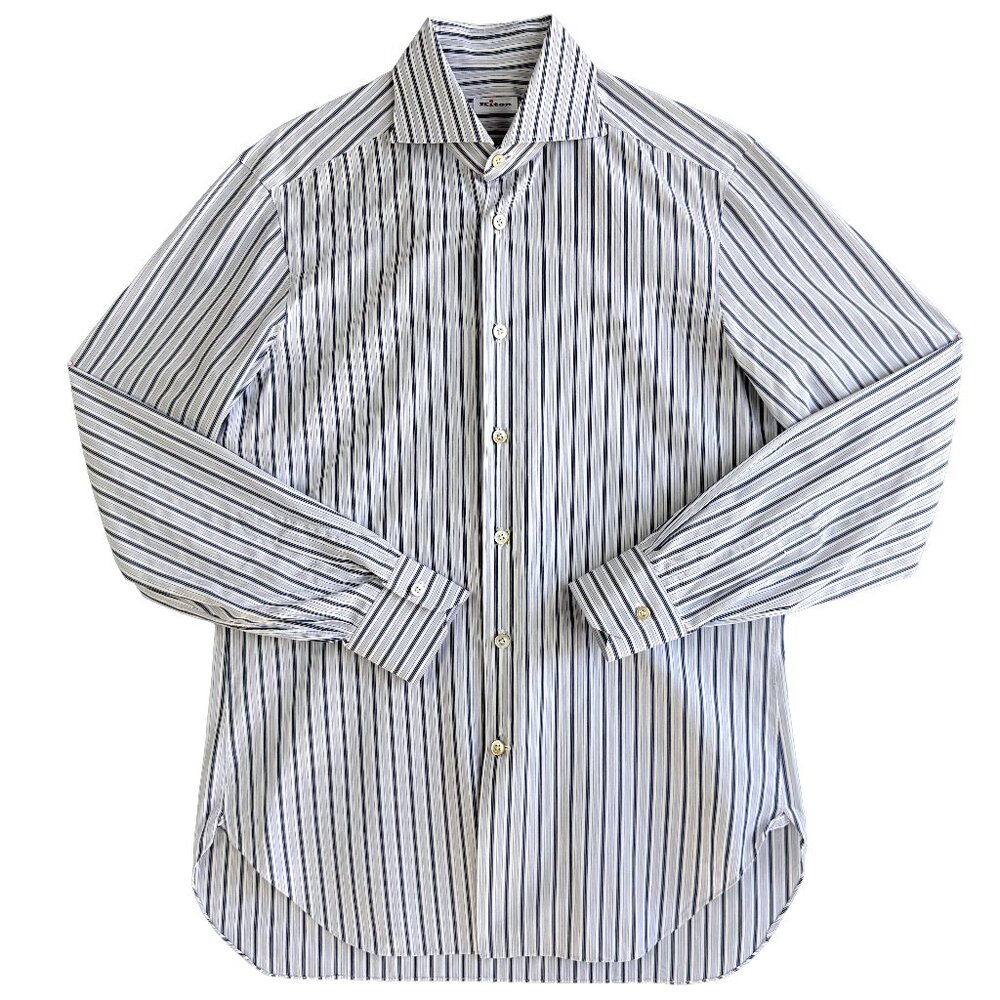 KITON Striped luxury Dress Shirt Blue White Made in Italy Size 15.5 /39